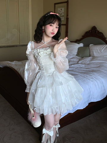 Gentle and sweet birthday dress long sleeve white lace dress