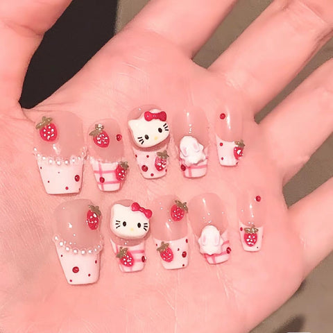 New nails strawberry French Hello cute cartoon manicure
