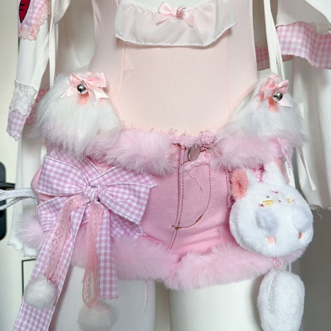 Furry shorts cat ears with bell squeaking doll