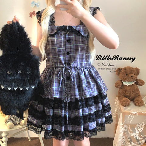 sleepingdoll Plaid Dark Abyssin Lace Suspender Skirt Set