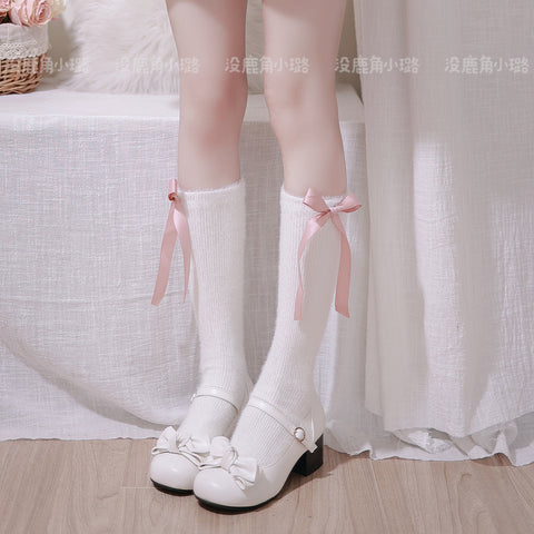 Gentle and sweet pink bow warm calf socks