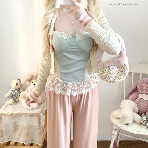 sleepingdoll Mint Lace French Tank Top