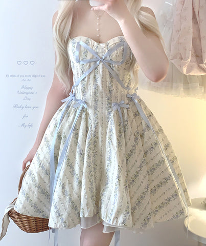 sleepingdoll Cotton Vintage Print Soft Bow Dress