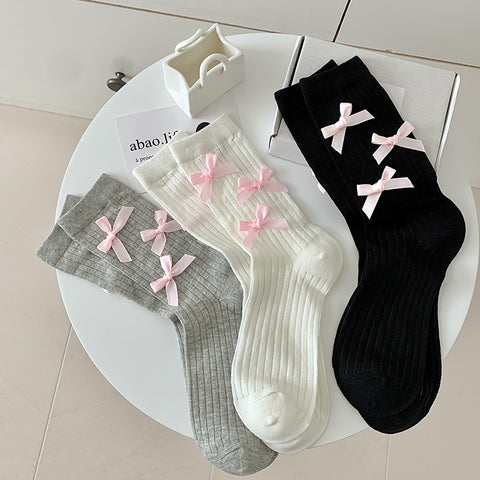 pink bow socks for women mid-calf socks