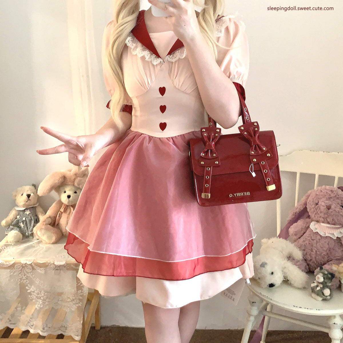 sleepingdoll Heart Button Pink Sailor Collar Sweet Girl Dress