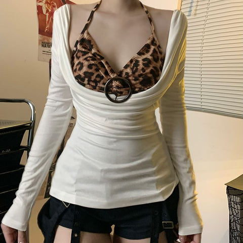 Millennial Spice Leopard Print Fake Two-Piece Halter T-Shirt