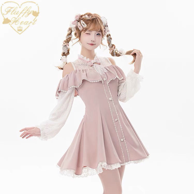 Off-shoulder lace dress Japanese girlish style