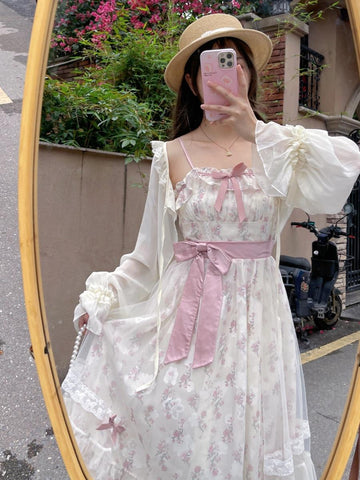 Pink fairy floral mesh splicing suspender skirt girl dress