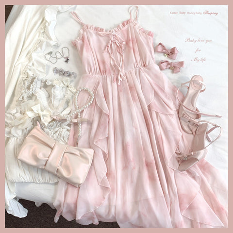 Sleepingdoll POSHEPOSE Pink Retro Chiffon Romantic Suspender Dress