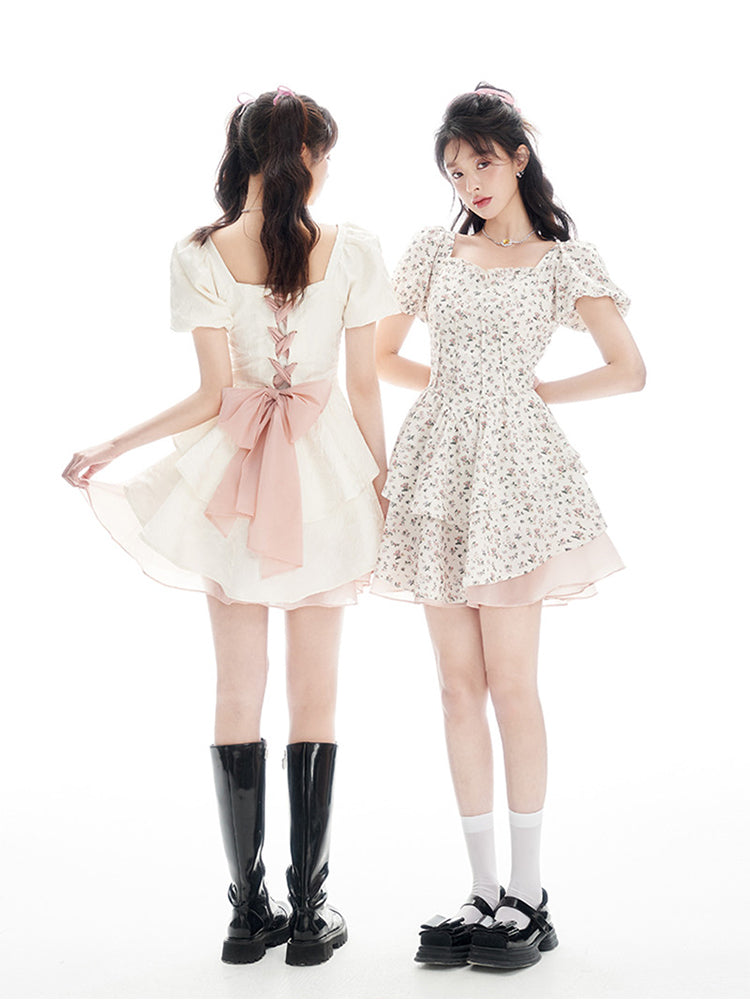 White Square Neck Floral Dress Bow Knot Princess Puff Dress - Jam Garden