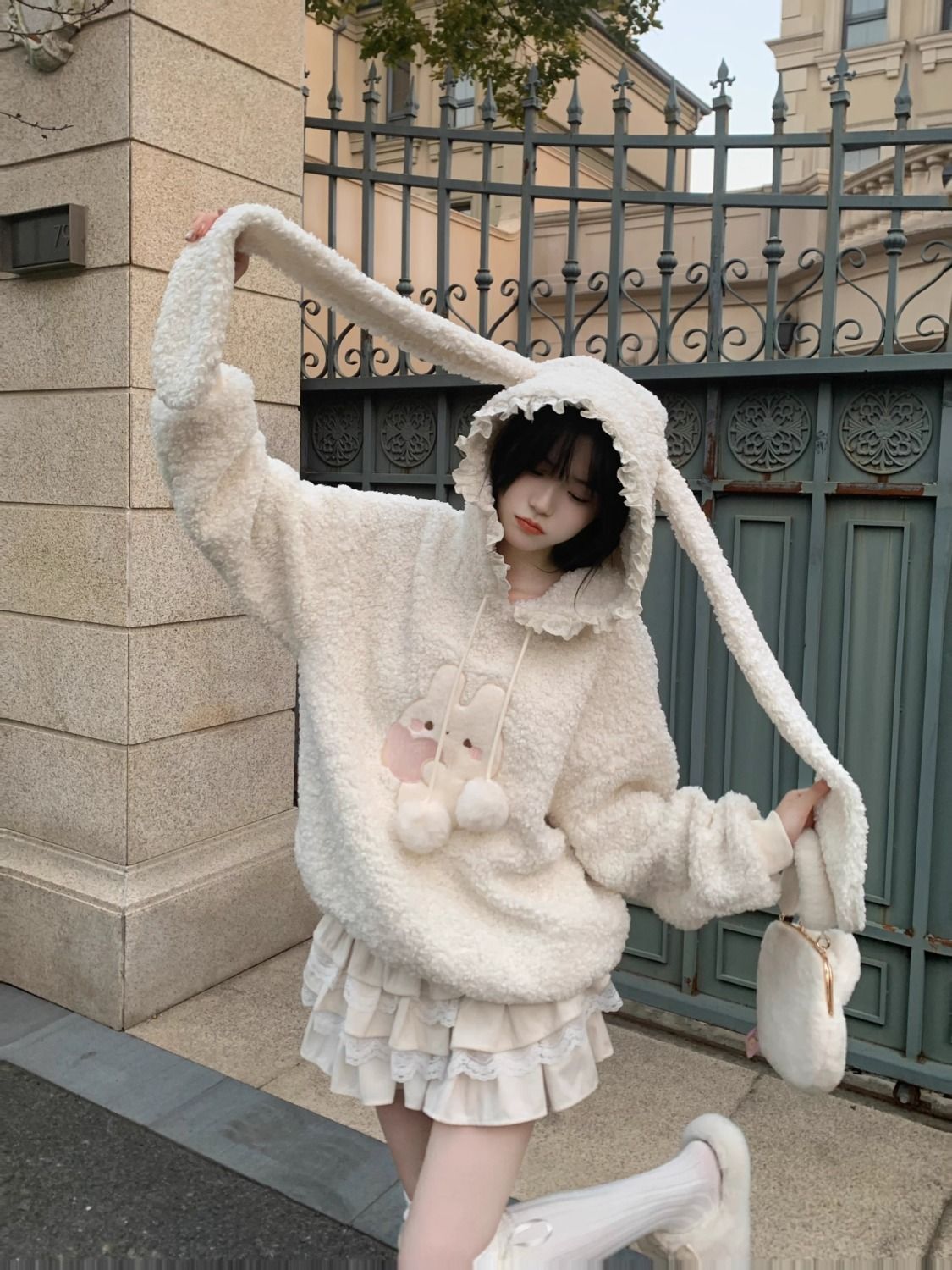 Bunny long ears hooded lamb wool sweater jacket