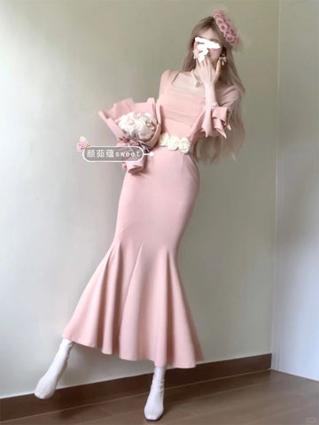 French elegant square neck long sleeve dress