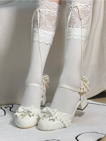 Lace pearl retro sweet simple versatile bow shoes