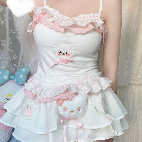 Original handmade pure lust style Hello Kitty bow flower bud skirt cake skirt