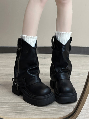 Black retro British style thick-soled height-increasing boots