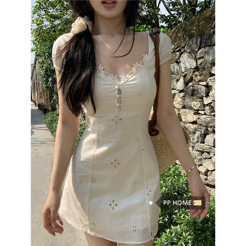 French tea break embroidery hollow dress for women white