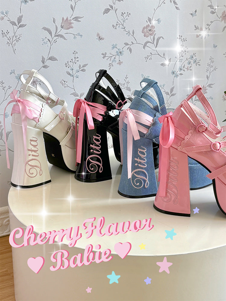 Original sweet and spicy denim ribbon lolita high heels