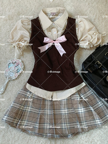 Retro college style suit bow shirt vest plaid skirt