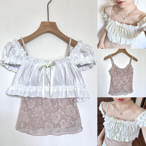 Pink lace short cardigan two-piece set American style ins style sweet slim top
