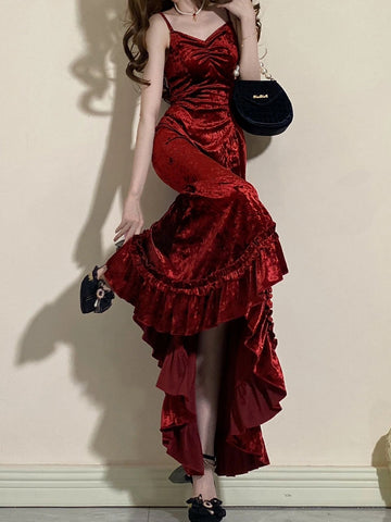 Burgundy lolita strappy fishtail dress