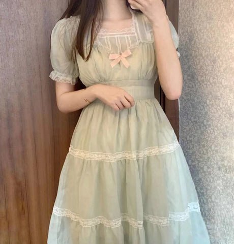 Gentle Spring Girl Bow Lace Splicing Two-piece Set