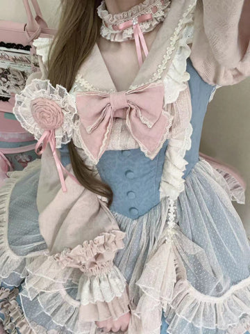 New original lolita blue and pink long-sleeved dress