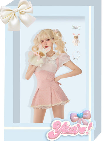[SET] First Love Summer Pink Short-Sleeved Top Vest Skirt Hot Girl Suit Female - Jam Garden