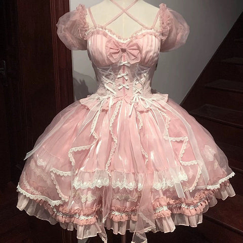 Pink bow vintage princess dress lolita