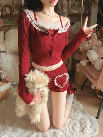 Bobon21 Candied Cherry French Sweetheart Girly Lace Knit