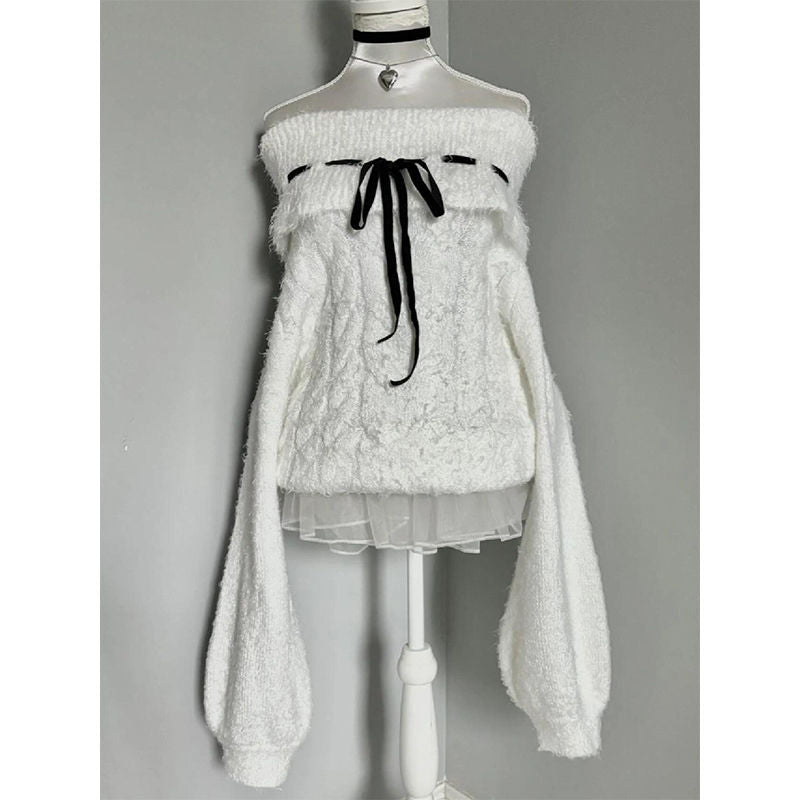 White Off-the-shoulder Bow Bell Sleeve Sweater