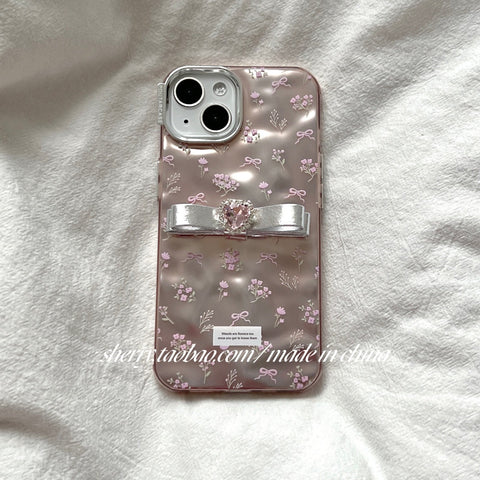 Pink gold small floral rhinestone bow phone case