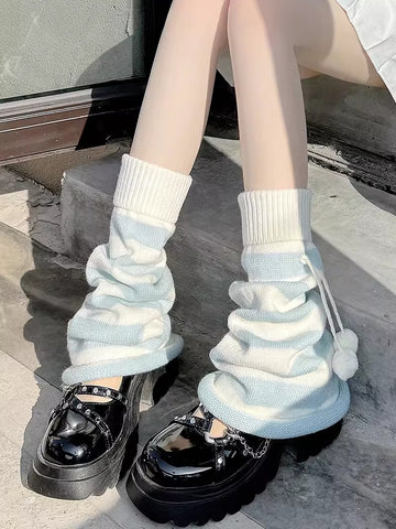 Cute Pom-pom Aqua Blue and White Subculture Socks Knitted Leg Warmer