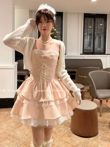 Sweet pink suspender dress cake dress slim lace princess dress