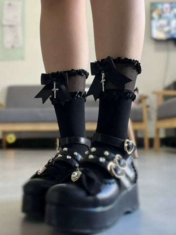 Black Bow Cross Calf Socks