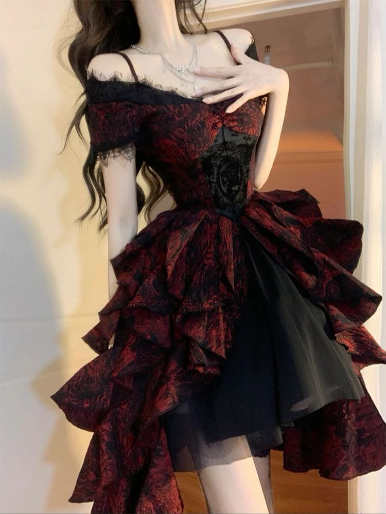 Black and red one shoulder palace dress lolita princess dress