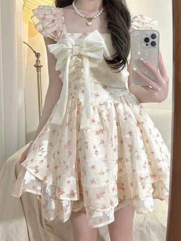 Sweet flying sleeves bow floral summer dress