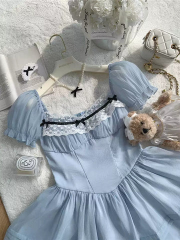 Sweet girly lace bow puff sleeve puffy dress