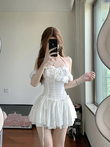 Sweet white square neck short sleeve dress