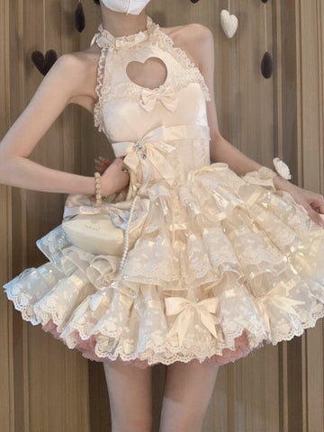 Heart-beating apricot heart hollow girl ballet style puffy skirt