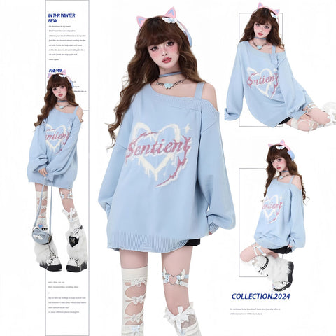 Original subculture off-shoulder loose girls autumn and winter knitted sweater