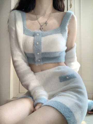 Imitation Mink Velvet Three-Piece Suit Pure Desire Sweet Niche Gentle Color Matching Vest + Long-Sleeved Cardigan - Jam Garden
