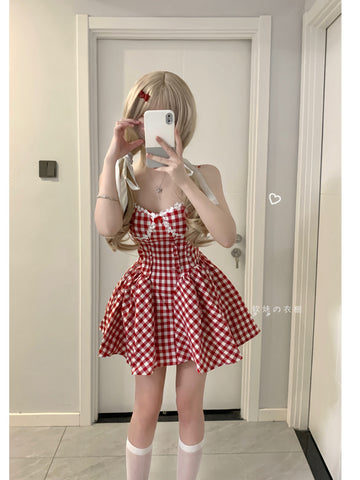 Sweet girl style waist-cinching princess tutu skirt red plaid dress