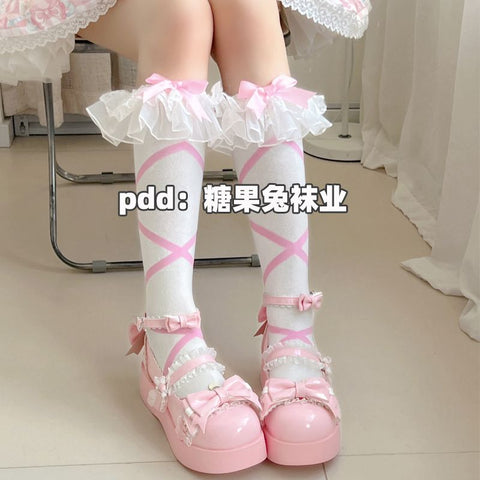 Japanese style loli calf socks cross lace socks