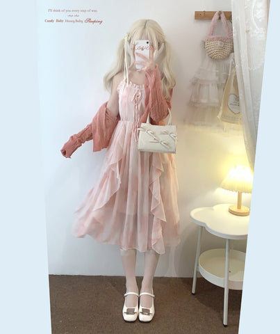 Sleepingdoll POSHEPOSE Pink Retro Chiffon Romantic Suspender Dress