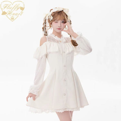 Off-shoulder lace dress Japanese girlish style