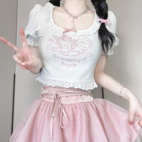 Angel lace sweet embroidered T-shirt
