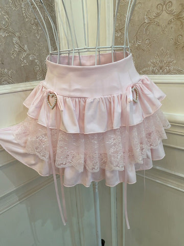 Sweet Princess Bow Heart Cake Lace Skirt