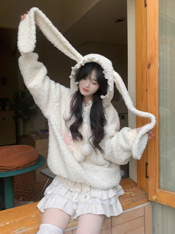 Bunny long ears hooded lamb wool sweater jacket