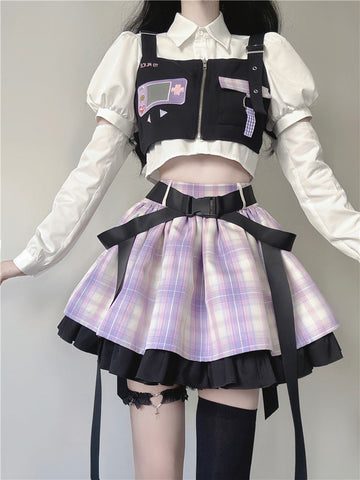 Summer sweet and cool work vest + sleeves design shirt + plaid skirt loli suit