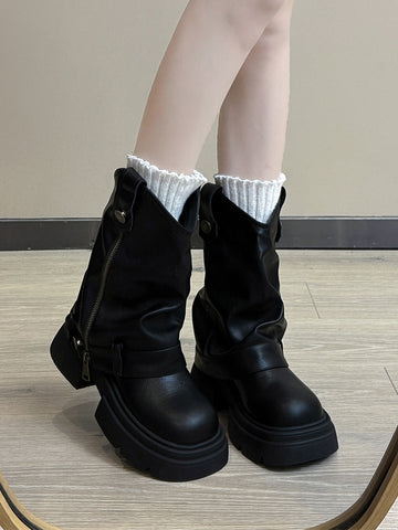 Black retro British style thick-soled height-increasing boots